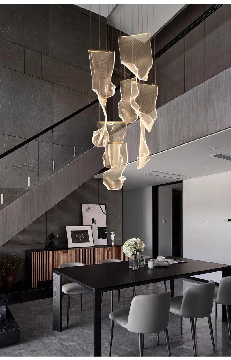 Modern Light Luxury Light Guide LED Long Strip Chandelier Living Room Dining Room Whole House Complete Set Lighting Duplex Rotat