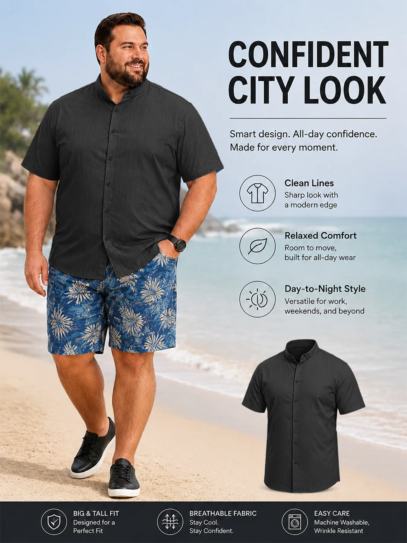 Camicia Casual da Uomo Taglie Forti 2XL-6XL Estiva Traspirante a Maniche Corte con Bottoni per Vacanze al Mare in Tessuto Morbido Testurizzato Vestibilità Ampia
