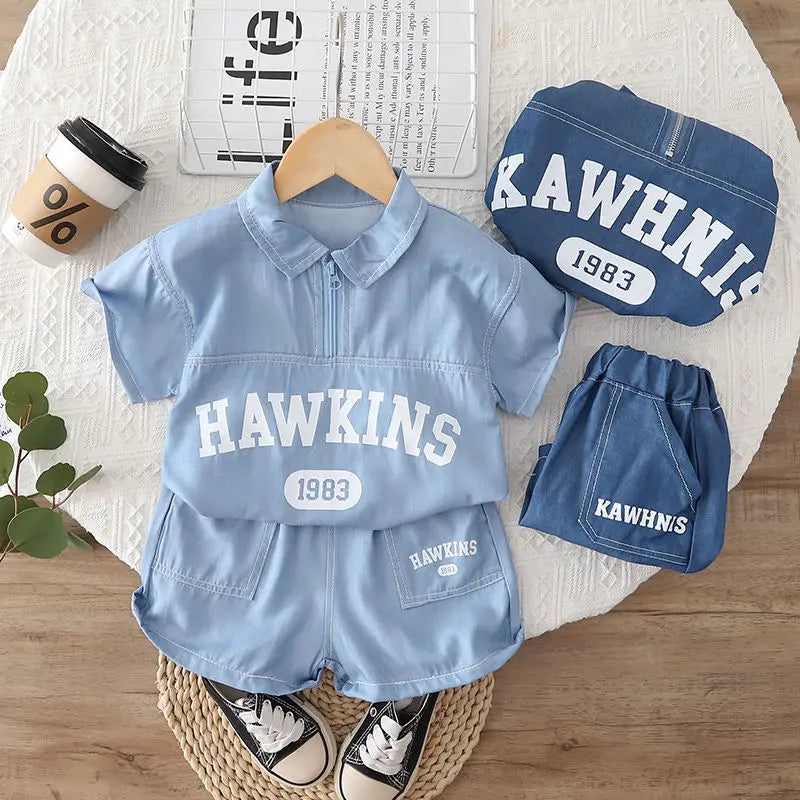 Abbigliamento Estivo in Cotone per Bambini, Set 2 Pezzi con Camicia in Denim e Pantaloncini, Tuta alla Moda per Bambini 0-5 Anni