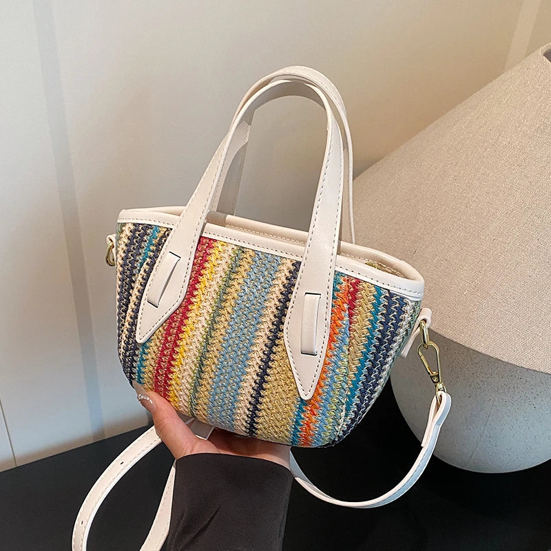 Borsa Mini Tote in Paglia a Righe Bohemien da Donna, Borsa a Tracolla Intrecciata Colorata con Manico Superiore per Viaggi Estivi in Spiaggia