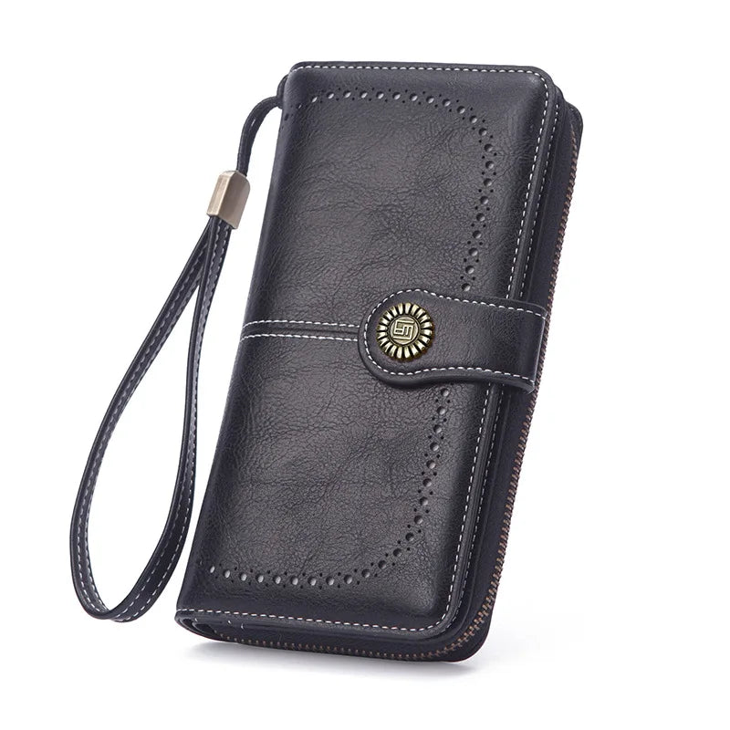 Borsa a mano in pelle cerata con blocco RFID, porta carte di credito multifunzionale a doppia piega, portafoglio da donna lungo retrò di grande capacità