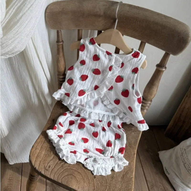TZ2631 Stile coreano estate neonata cotone morbido bordo in pizzo tinta unita gilet fragola grandi pantaloncini P set vestito da bambino