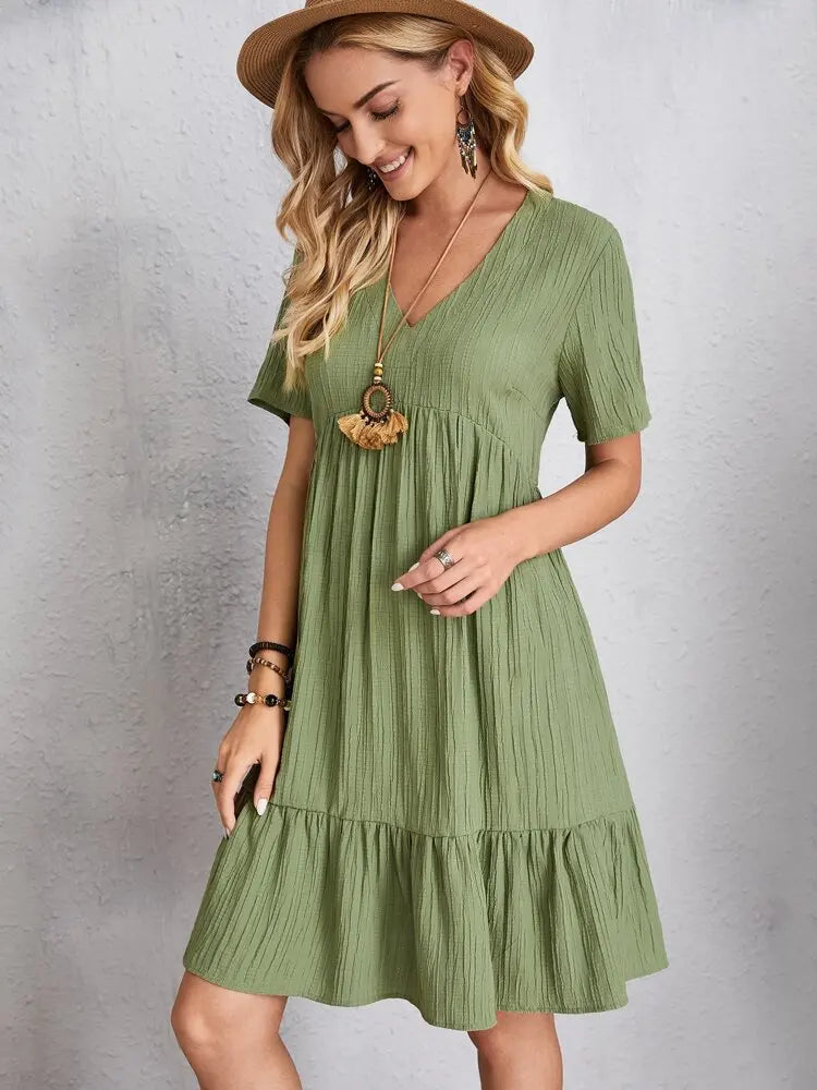 Elegante solido scollo A V A Line Dress 2024 nuova estate Ruffles allentato Mini abito Casual manica corta Beach Party Vestidos Streetwear