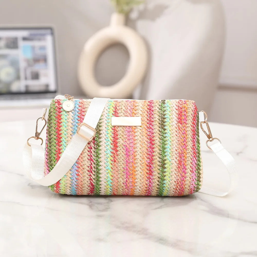 Elegante borsa in tessuto arcobaleno colorato Organizzatore da viaggio Borsa a tracolla portatile Tracolla regolabile Borsa a tracolla per ragazze Gita casual