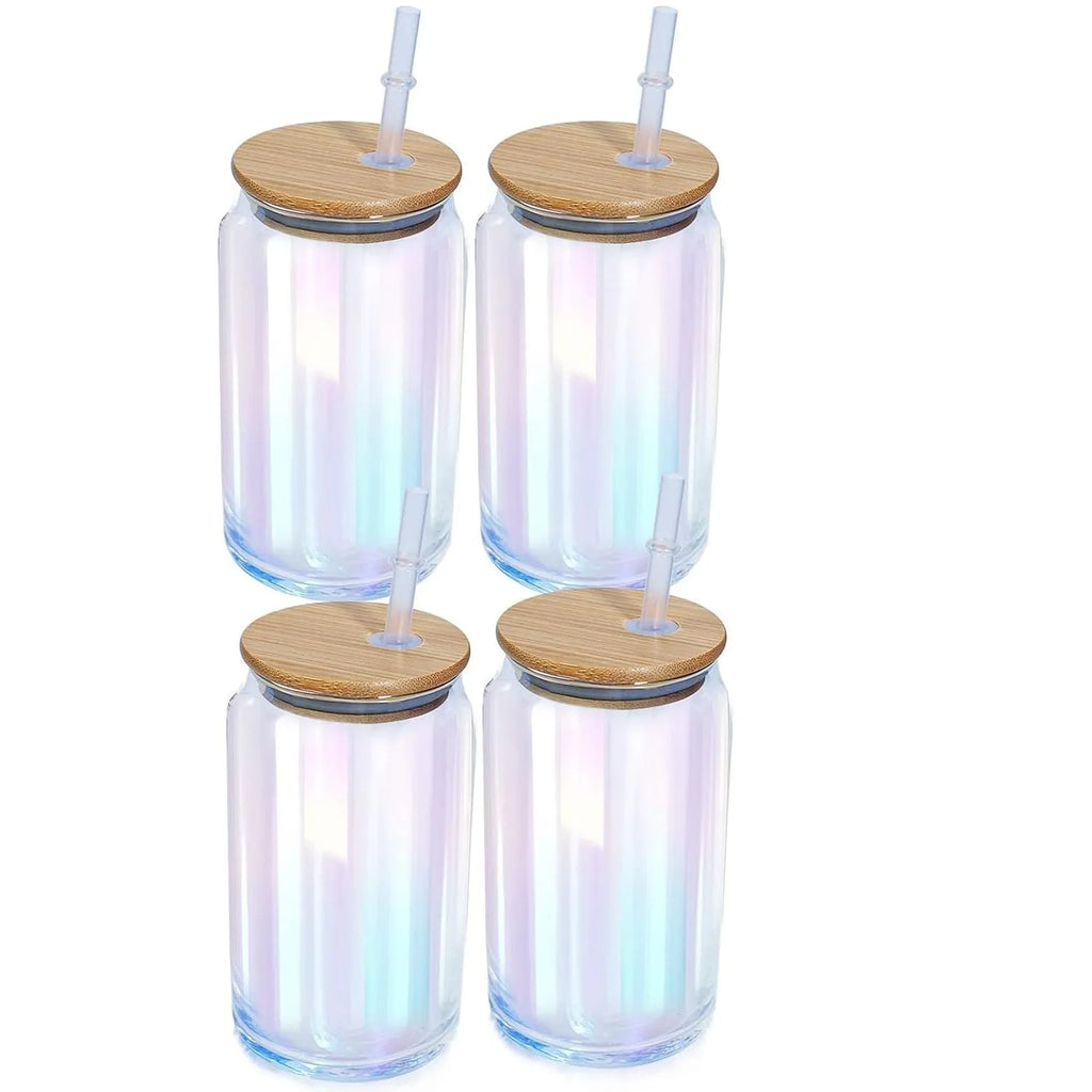 Bicchieri arcobaleno con coperchi in bambù e cannuccia in vetro,(set di 2 /set di 4)-16Oz, vino, Cocktail, whisky, feste, birra, caffè, regalo