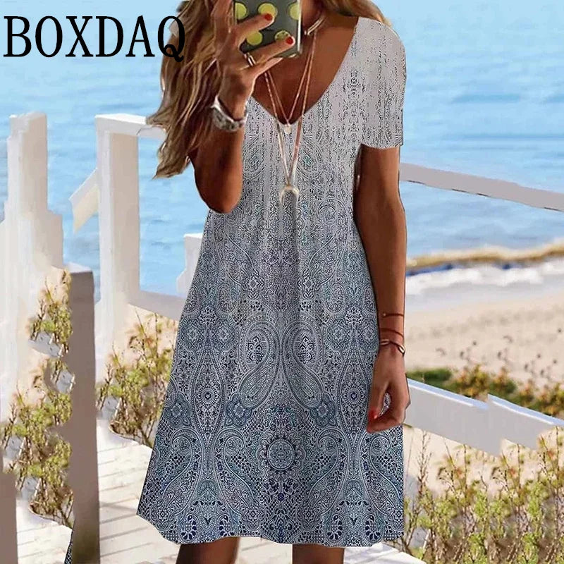 Abito Vintage con stampa etnica per donna 2024 scollo a v manica corta abiti larghi taglie forti abito floreale Casual moda prendisole