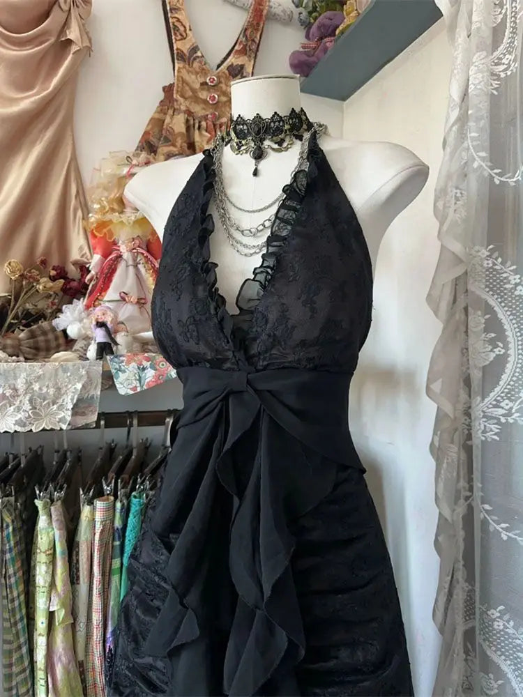 Abito senza maniche con scollo a barchetta vintage francese da donna gotico Y2k con scollo a V abiti estivi neri High Street Chic abbigliamento attillato