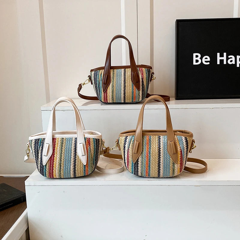 Borsa Mini Tote in Paglia a Righe Bohemien da Donna, Borsa a Tracolla Intrecciata Colorata con Manico Superiore per Viaggi Estivi in Spiaggia