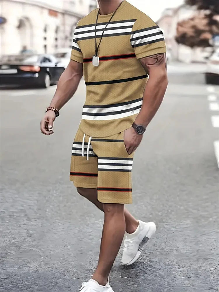 Boutique uomo estate Casual sport manica corta vestito semplice Splicing stampato girocollo T Shirt coulisse tasca pantaloncini vestito