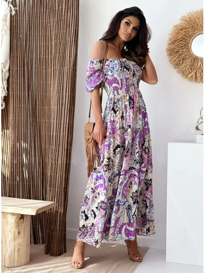 Abito bohémien estivo Abito da spiaggia pieghettato a vita alta con spalle scoperte Abito lungo a maniche corte stampato con motivo vintage Vestido
