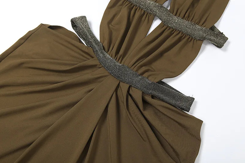 Abito lungo da donna sexy Halter scava fuori senza schienale senza maniche increspato abiti lunghi da sera Party Chic Robe verde viola estivo