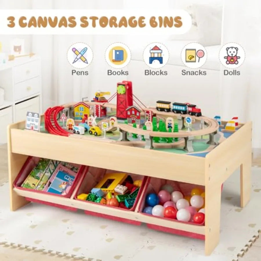Tavolo da Gioco 3-in-1 in Legno con 3 Contenitori, Pista Reversibile da 94 Pezzi e Mappa per Costruire e Giocare