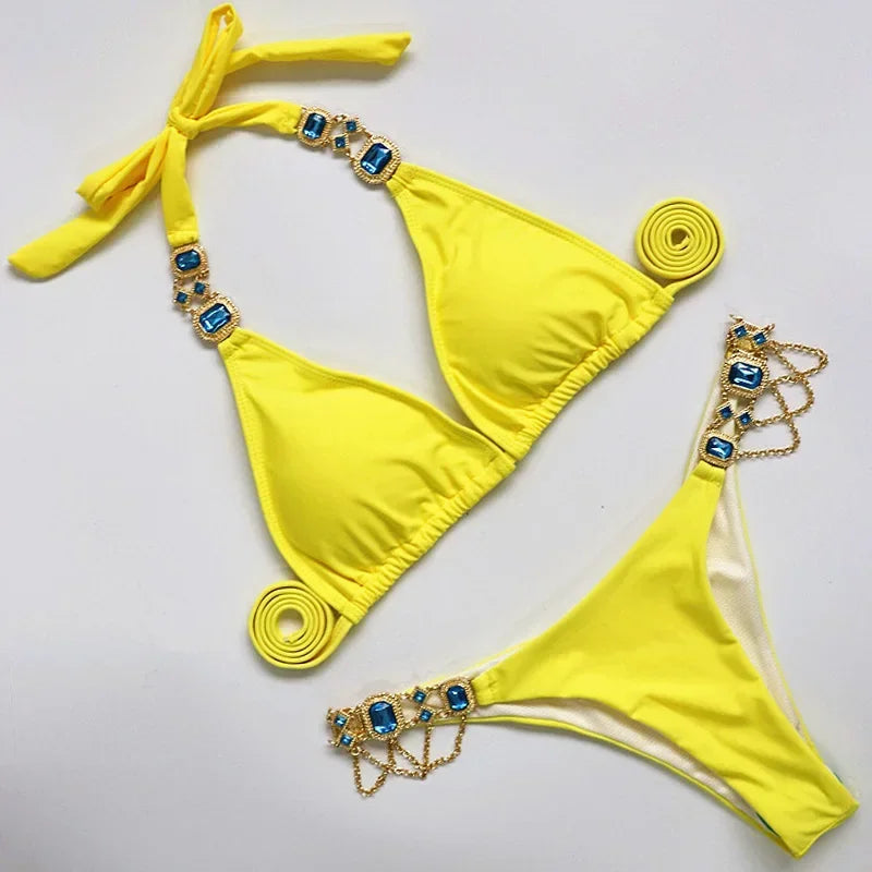 Catene di metallo con scollo all'americana Strass Diamante Bikini Costume da bagno donna Costumi da bagno femminili Due pezzi Bikini set Costume da bagno brasiliano Swim