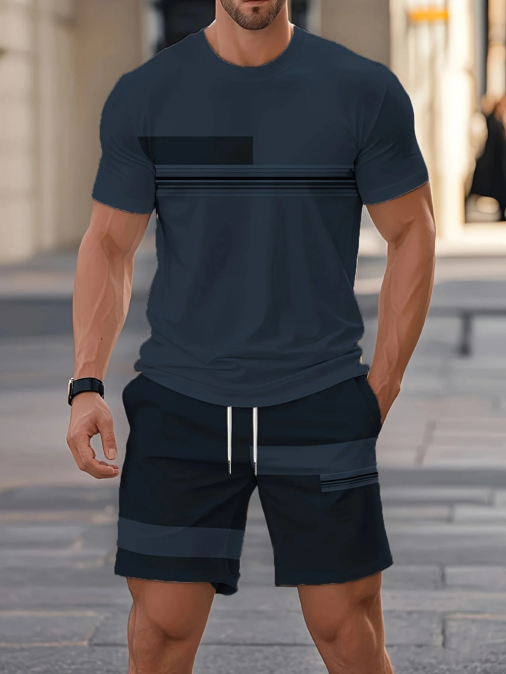 Nuovo arrivo estivo, completo casual da uomo in due pezzi, camicia a maniche corte con stampa a righe e pantaloncini sportivi, set fitness da uomo