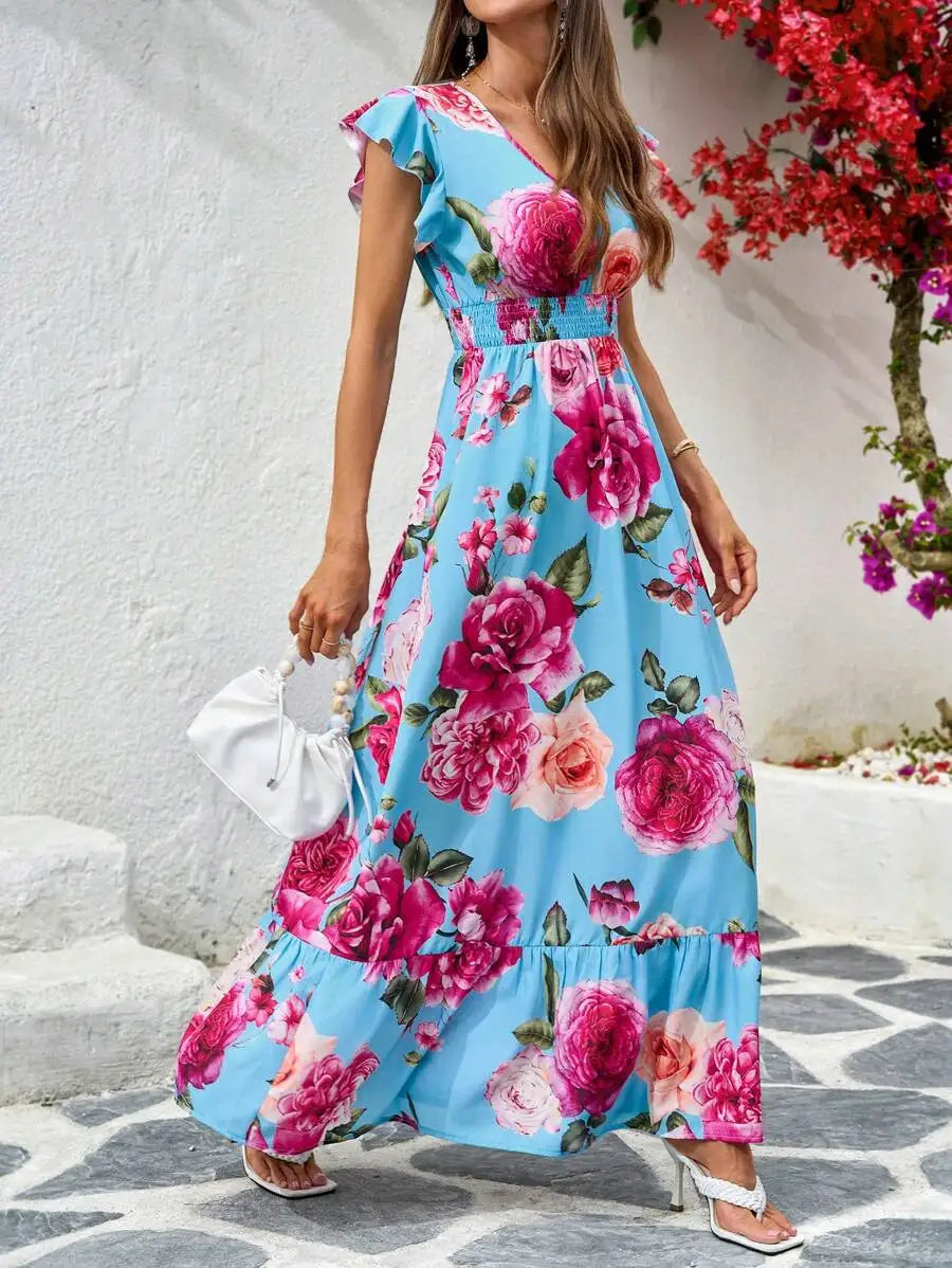 Abito lungo con stampa floreale, maniche a volant e scollo a V, stile estivo per le vacanze