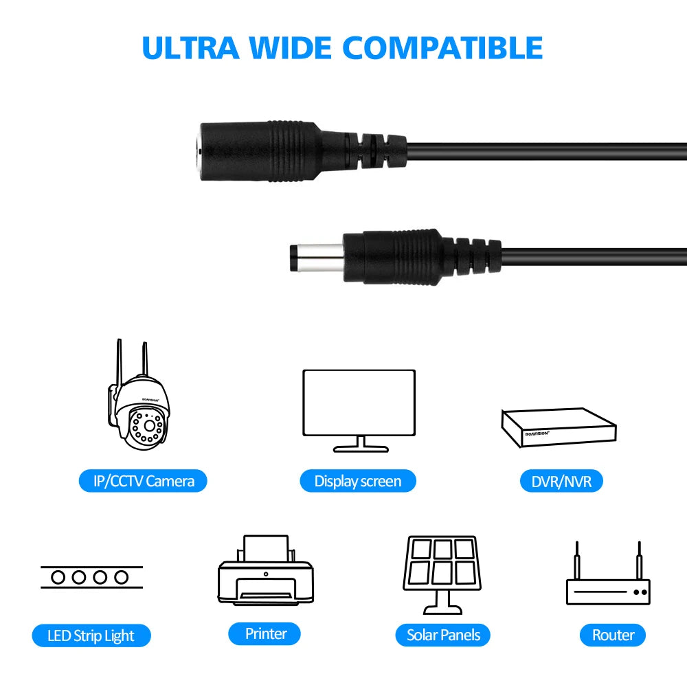 2M 6.56FT/ 5M 16.5FT / 10M 33FT DC Estensione 5.5x2.1mm Cavo di alimentazione Extender per telecamera di sicurezza CCTV Cavo di prolunga da 12 Volt