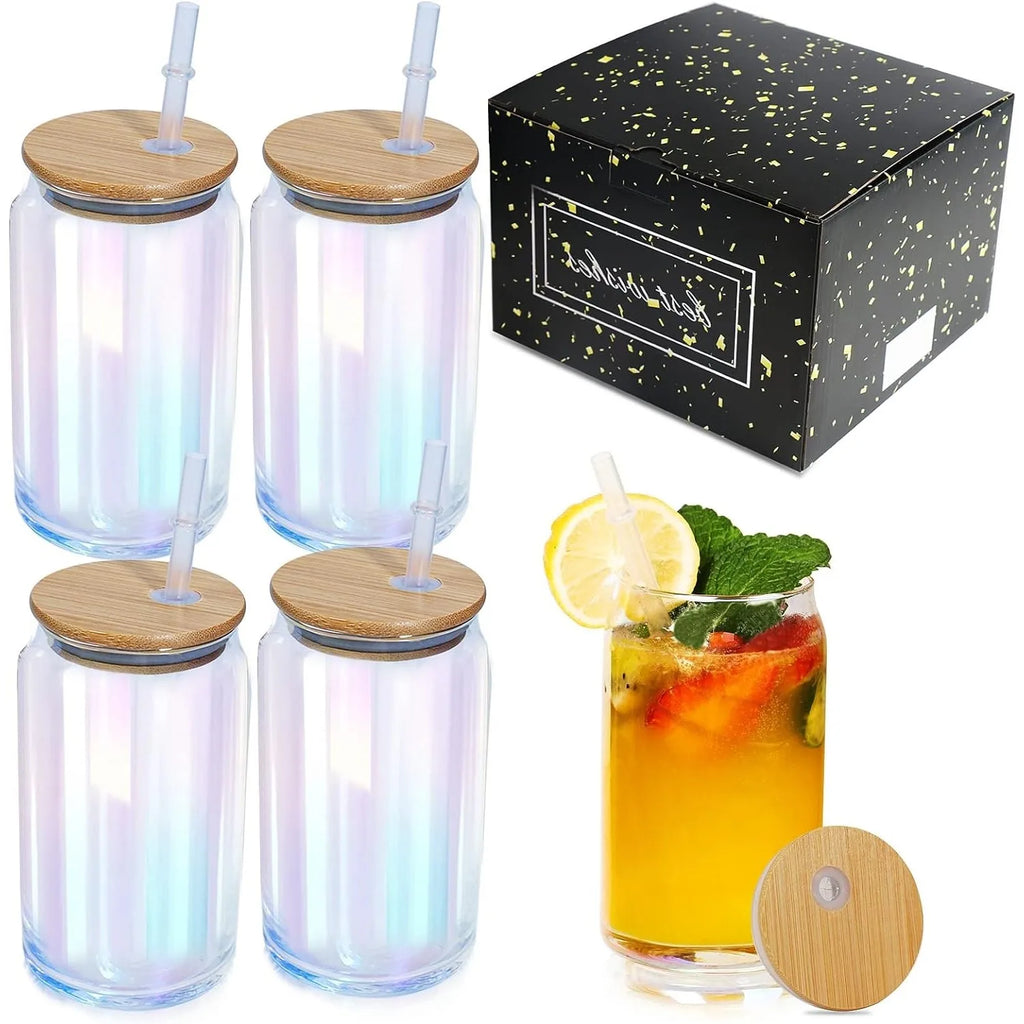 Bicchieri arcobaleno con coperchi in bambù e cannuccia in vetro,(set di 2 /set di 4)-16Oz, vino, Cocktail, whisky, feste, birra, caffè, regalo