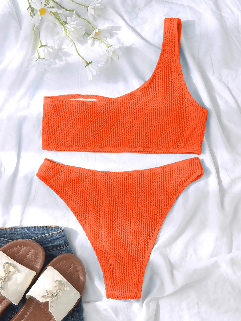 Costume da bagno bikini monospalla strutturato costume da bagno taglio alto costume da bagno solido donna moda brasiliana 2025