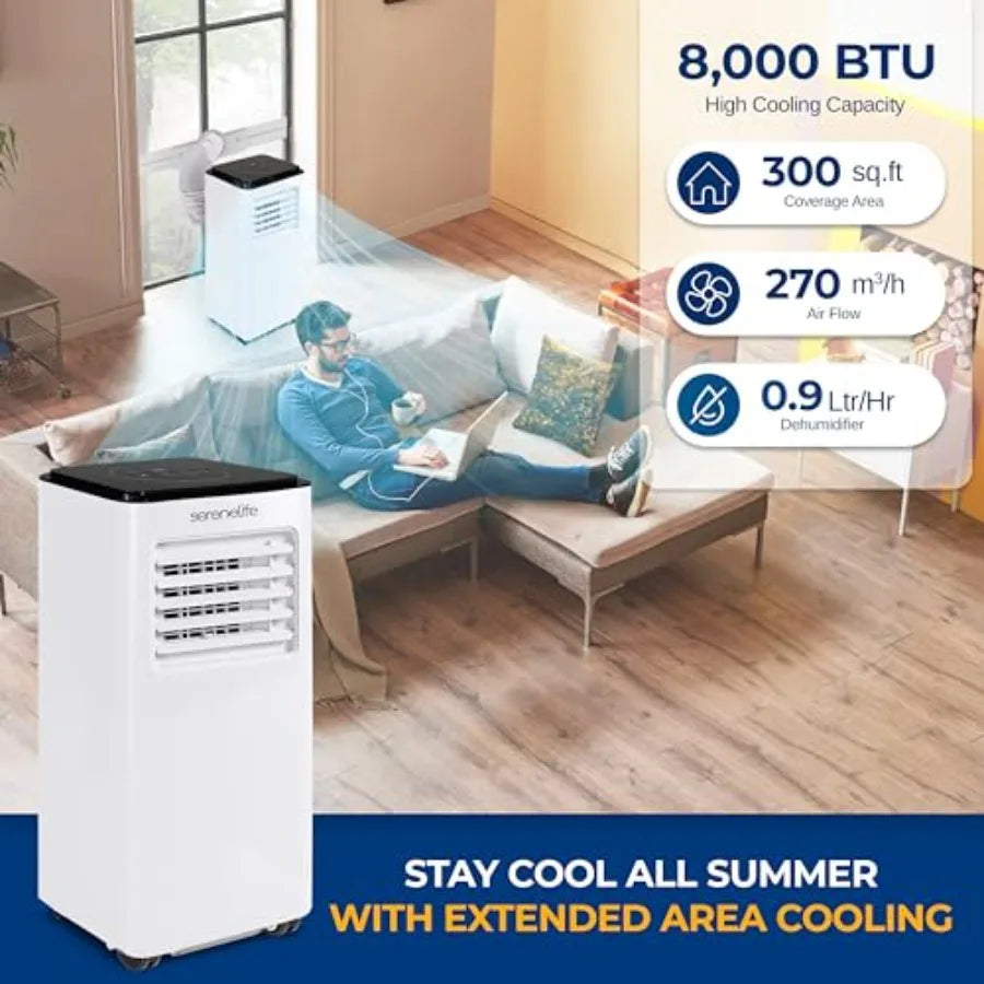 Condizionatore d'aria portatile per uso in camera da letto, scocca in plastica ABS, colore bianco, raffreddamento da 8000 BTU con funzionalità 3-in-1 e basso consumo energetico.