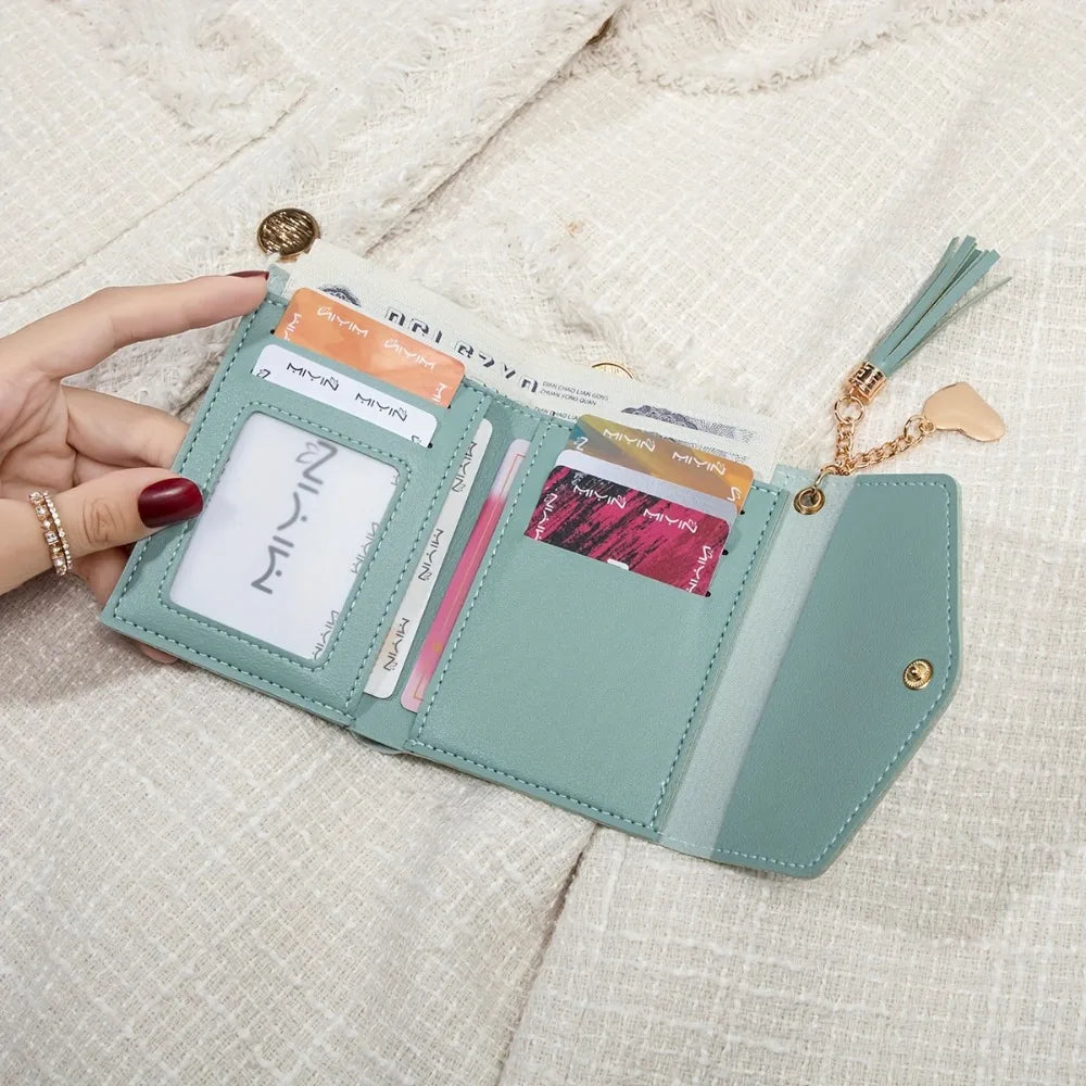 Nuovo portafoglio compatto da donna con pochette Portamonete ultrasottile portatile in pelle PU con porta carte di credito con nappa Portafoglio corto da donna