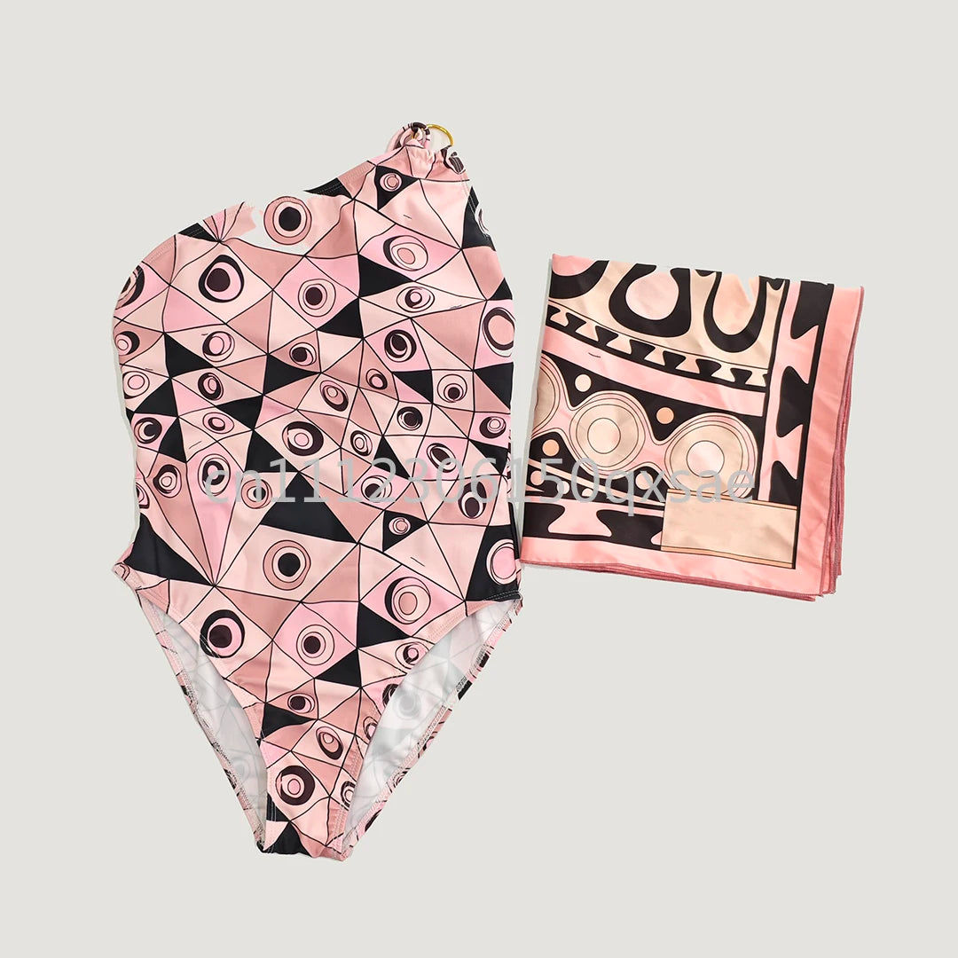 Costumi da bagno da donna rosa con foulard e logo a lettere, set bikini con foulard e fascia per capelli, abbigliamento da spiaggia