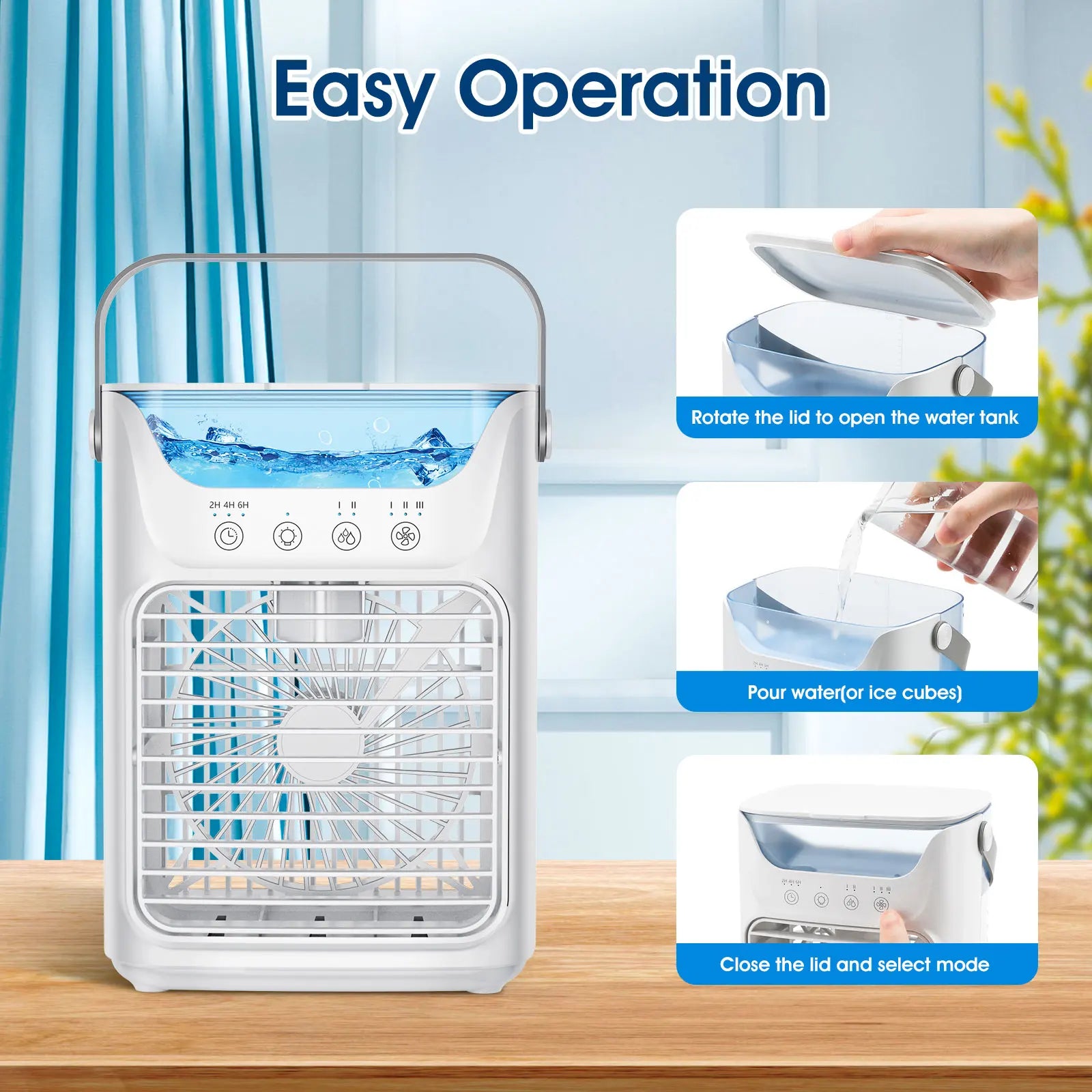 Condizionatore d'Aria Portatile 3-in-1: Mini Ventilatore, Raffreddatore e Umidificatore con Serbatoio d'Acqua da 700 ml e Luce Notturna a 7 Colori, Timer 2/4/6 Ore