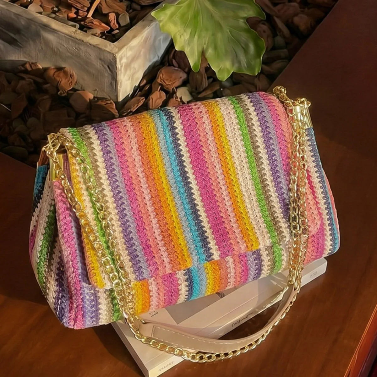 Borsa a tracolla da donna Rainbow 2026 estiva, trendy, con catena intrecciata, chiusura a scatto, semplice, casual, per tutti i giorni, shopper