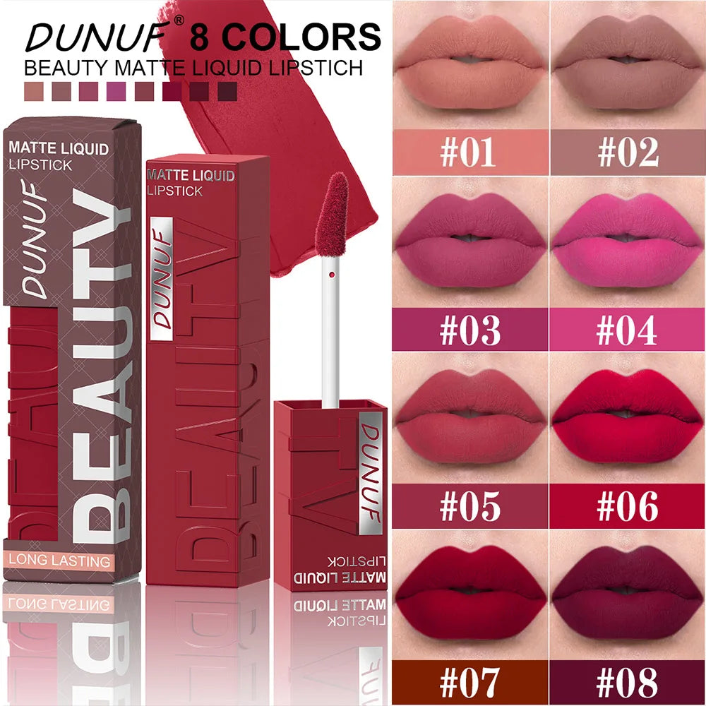 DUNUF Matte Velvet Lip Gloss, rimpolpanti 3D e impermeabili, rossetto a tubo quadrato, facile applicazione, 8 tonalità (tutto in uno)