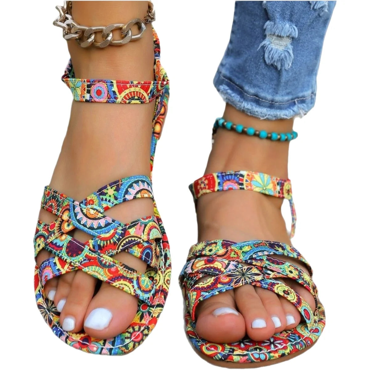 Ciabatte Etniche Traspiranti Stampate Stile Romano a Punta Aperta con Fondo Piatto, Scarpe Slip-On alla Moda per il Commercio Transfrontaliero