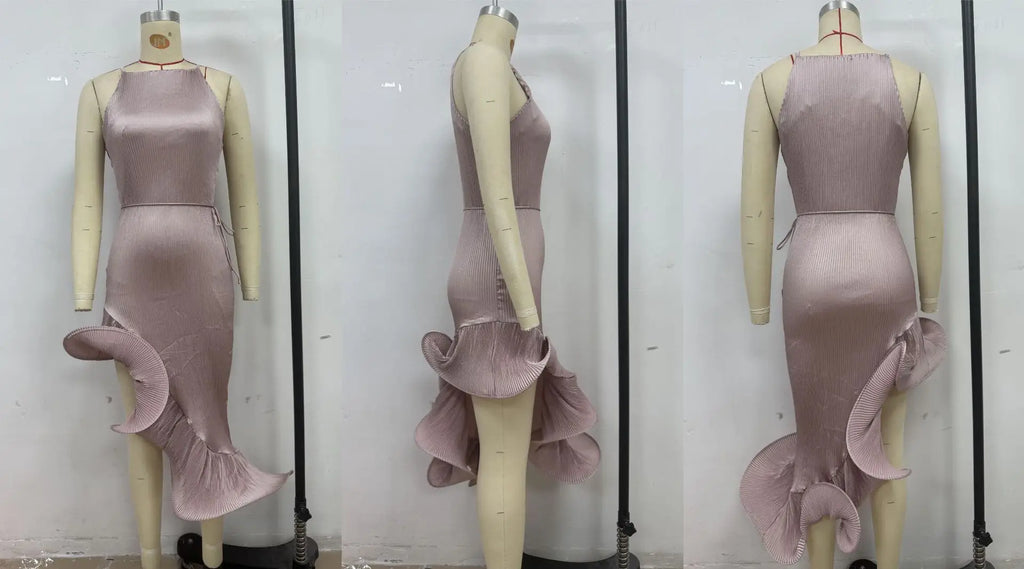 Elegante Abito Lungo Giallo Halter da Donna Senza Maniche con Balze Irregolari e Spacco Alto, Vestito Aderente Romantico per Ospiti di Matrimoni e Feste 2026