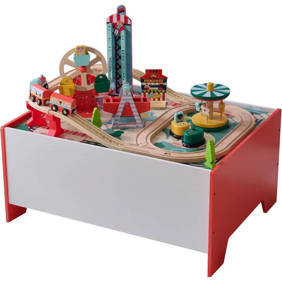 Tavolo da treno in legno – Set da gioco per parco divertimenti a tema carnevale con ruota panoramica, carosello e binario del treno – Giocattolo interattivo per bambini
