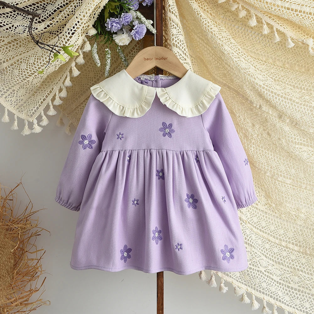 Bear Leader 2025 Nuovo simpatico abbigliamento per bambini 0-3 anni Abito per bambini Autunno Colletto a maniche lunghe Abiti per ragazze di fiori ricamati