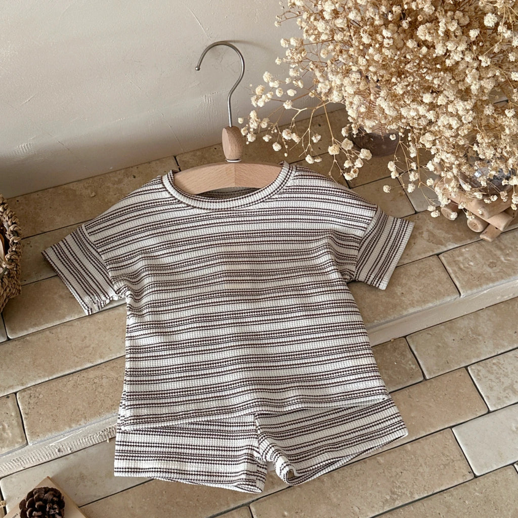 Set di abbigliamento estivo per bambini, maglietta a righe e pantaloncini, 2 pezzi, per bambini e bambine, stile casual, per bambini da 0 a 3 anni, completo elegante