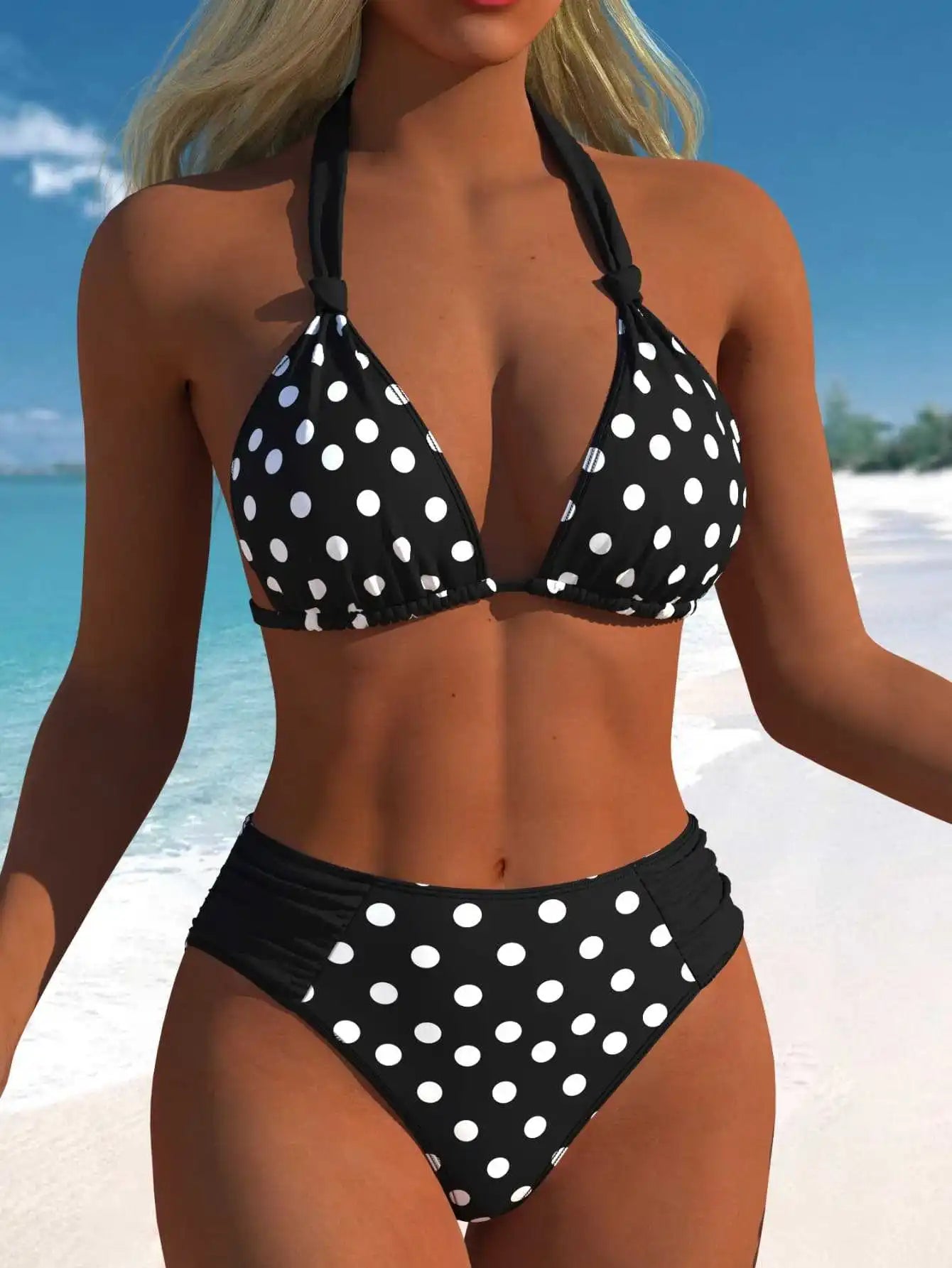 Costume da bagno bikini vintage nero a pois 2026 da donna con reggiseno push-up con laccetti e vita alta, modello cut-out