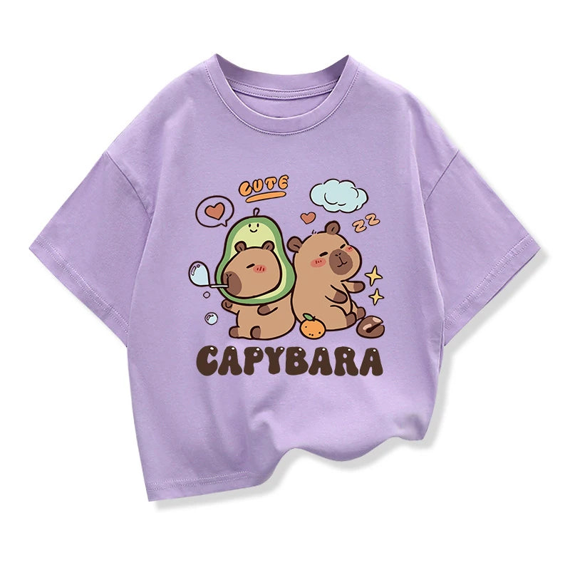 2025 Nuovi bambini Camicie Capibara Stampato Cartoon T Shirt per le ragazze Estate Stampa animale Ragazzo T Shirt Top Tees Abbigliamento per bambini