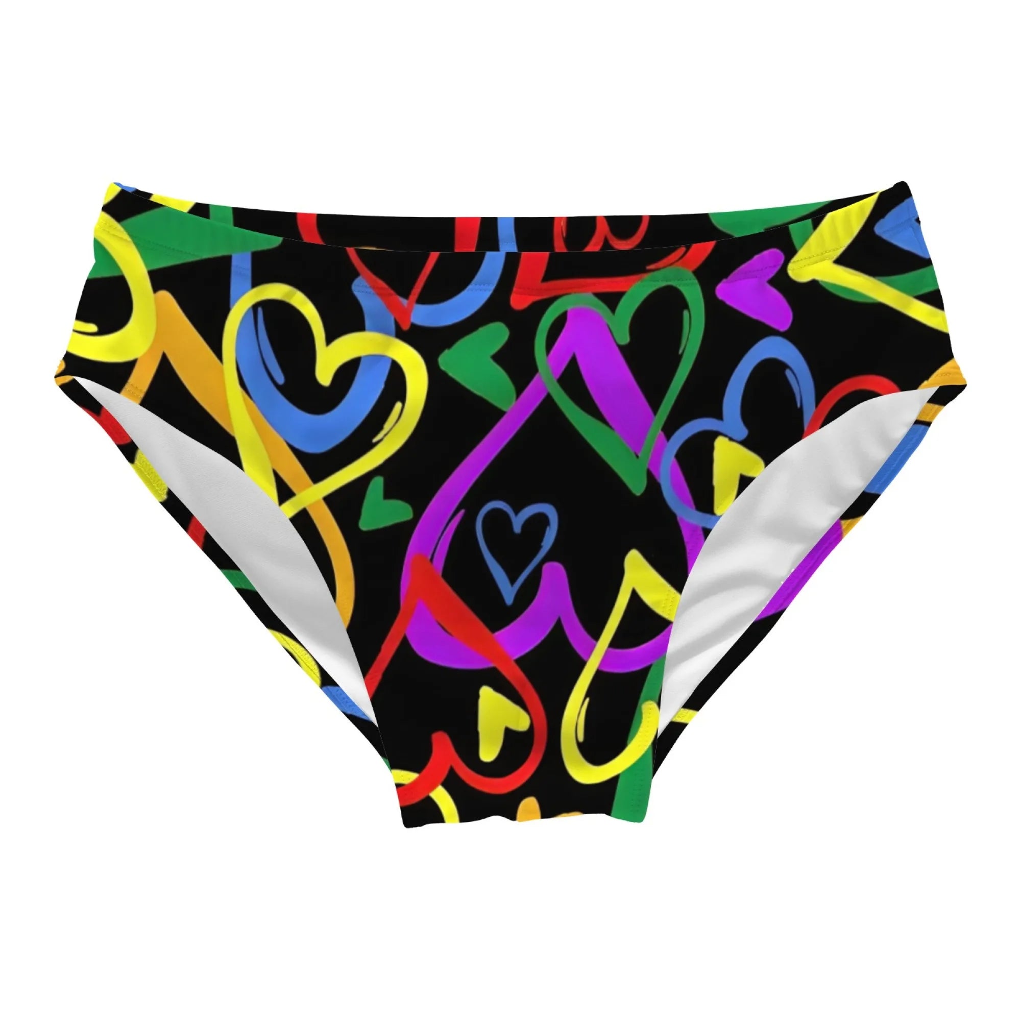 Costume da bagno da uomo con stampa graffiti a cuore arcobaleno, tocco vivace e audace, comodo, delicato sulla pelle, slip traspiranti ad asciugatura rapida