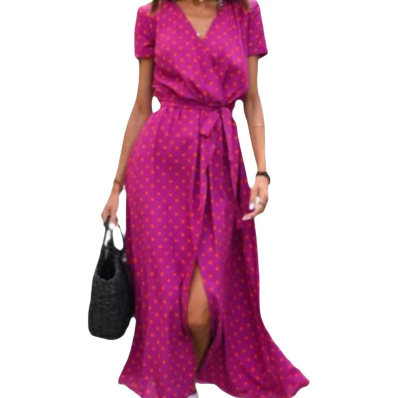 Abito Midi Stampato alla Moda con Spacco, Scollo a V, Maniche Corte, Vita Alta, Gonna a Trapezio, Stile Street, in Poliestere e Spandex, da Donna