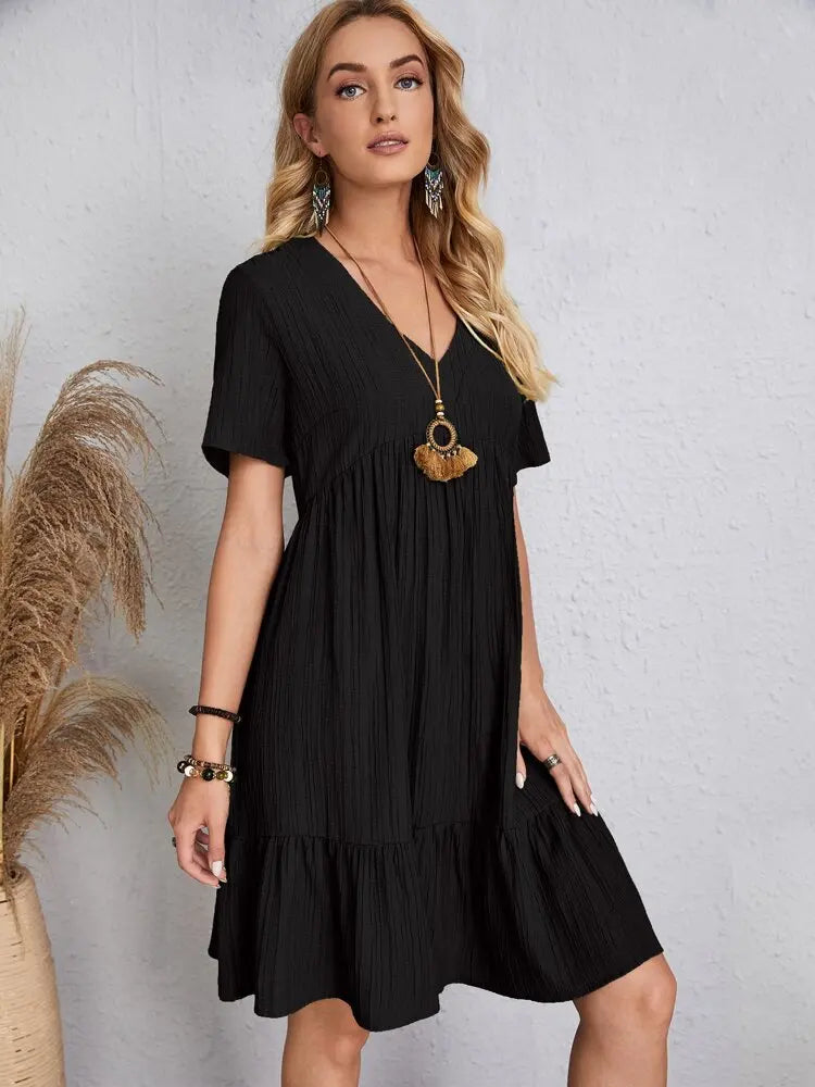 Elegante solido scollo A V A Line Dress 2024 nuova estate Ruffles allentato Mini abito Casual manica corta Beach Party Vestidos Streetwear