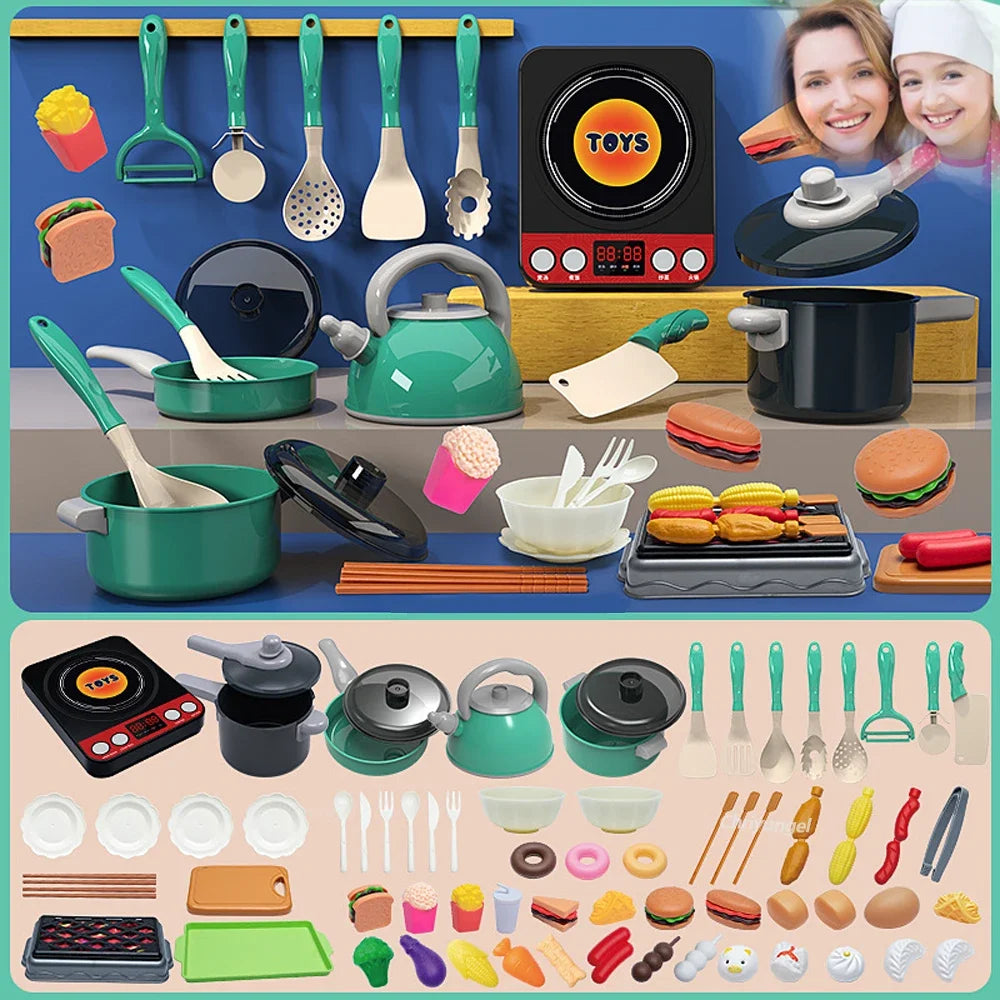 Set di giocattoli da cucina per bambini 59/69 pezzi Kit di accessori da cucina da gioco con pentole da gioco Padelle Fai finta di cibo Giocattolo da cucina Regalo per ragazze e ragazzi