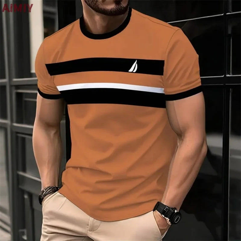 T-shirt stampata a righe da uomo T-shirt estiva casual da esterno girocollo a maniche corte Novità nella maglietta alla moda da uomo