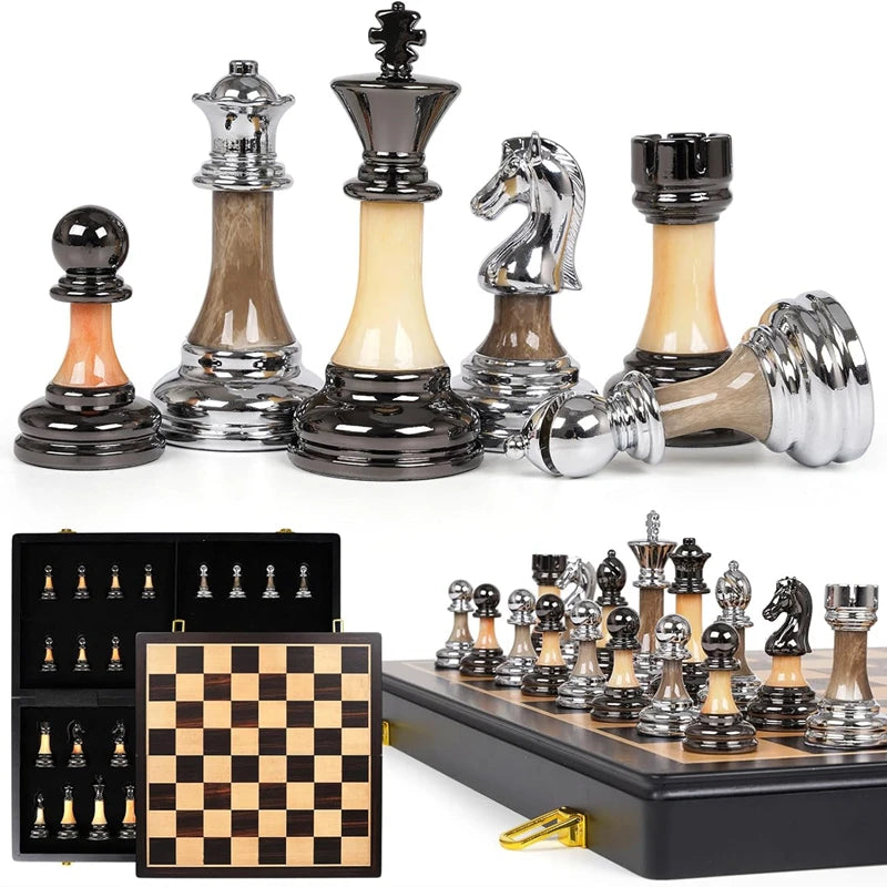 Set di scacchi 45 cm/17,7 pollici, grande scacchiera in legno massello Eewood, pezzi degli scacchi di alta gamma elettroplaccati + re in acrilico alto 9 cm