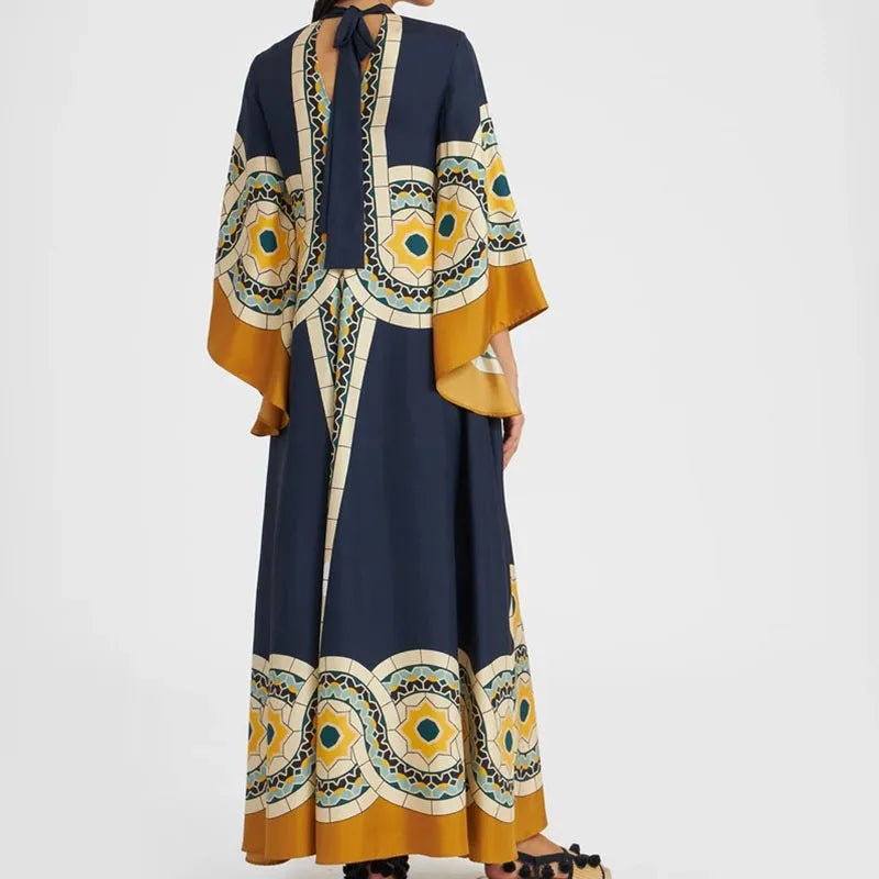 Elegante Abito Lungo a Maniche Lunghe per Feste, Vestito Vintage con Stampa Floreale, Abito Bohémien da Donna con Collo Alto e Vita Alta