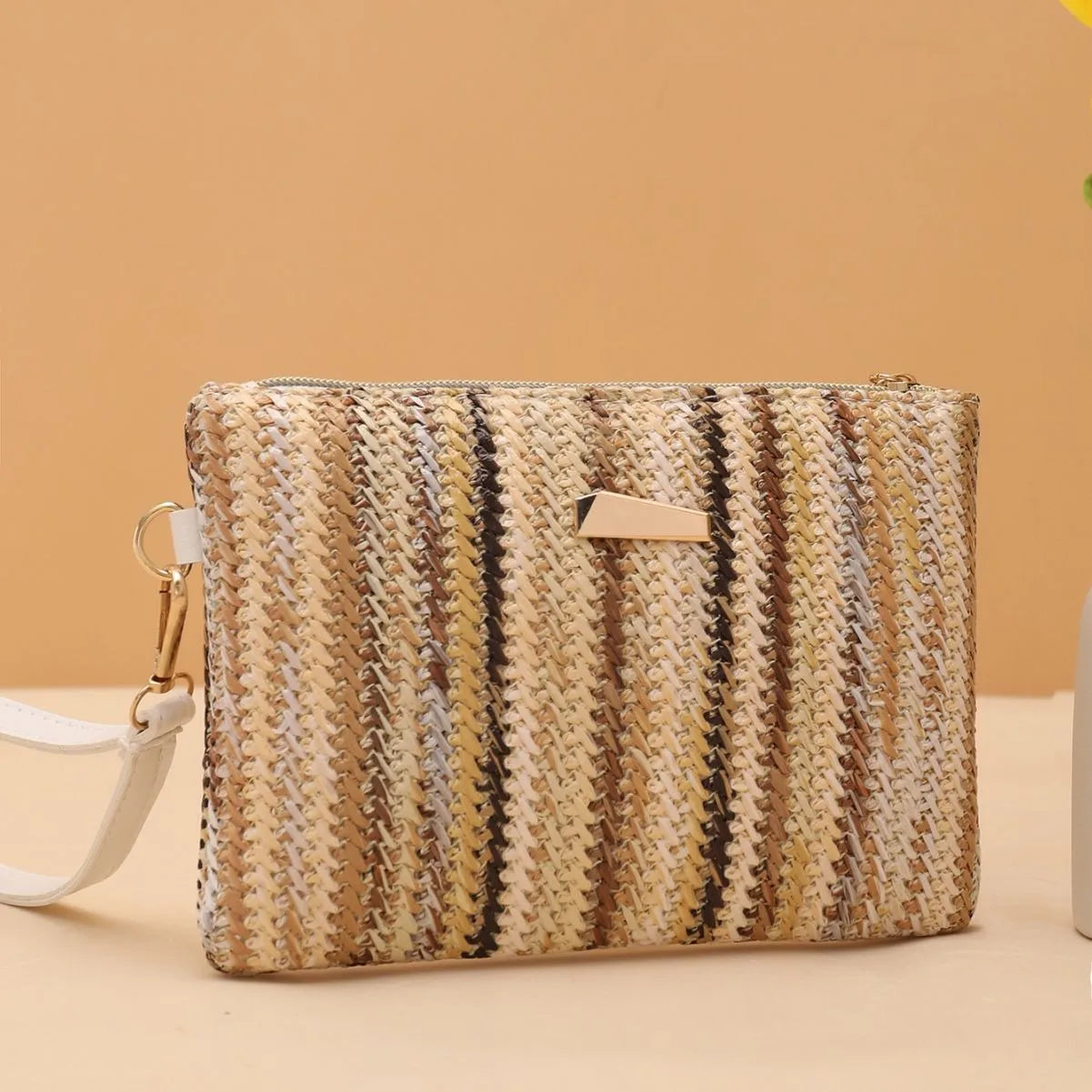 Borsa intrecciata di paglia colorata onda borsa da donna con pochette a scatto borsa da spiaggia estiva borsa intrecciata a mano borsa per cellulare portafoglio femminile