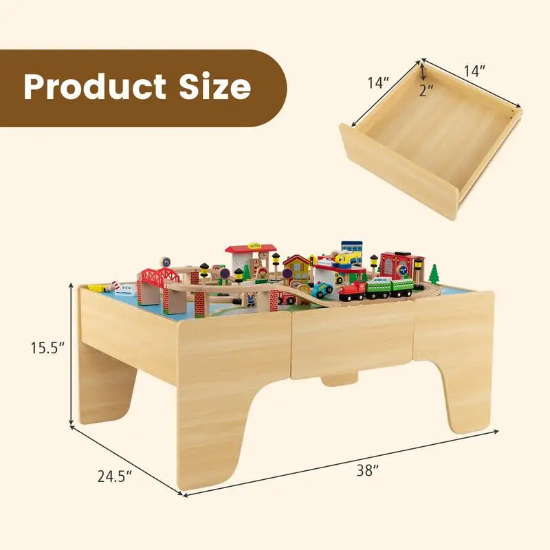 Set Trenino in Legno da 84 Pezzi con Tavolo Reversibile e Rimovibile