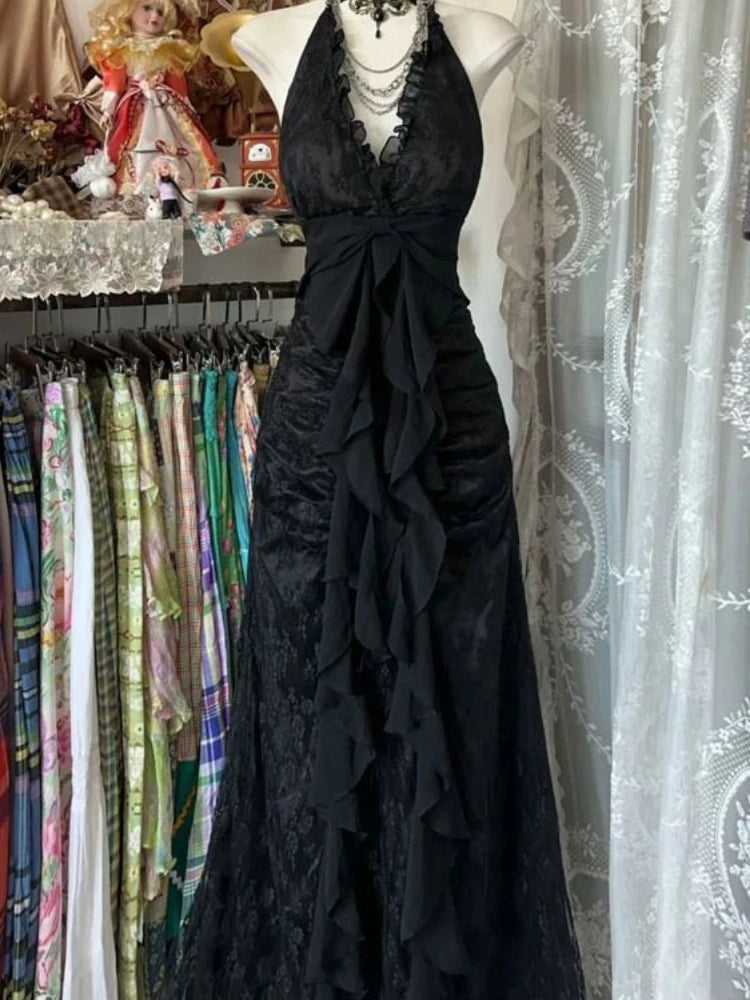 Abito senza maniche con scollo a barchetta vintage francese da donna gotico Y2k con scollo a V abiti estivi neri High Street Chic abbigliamento attillato