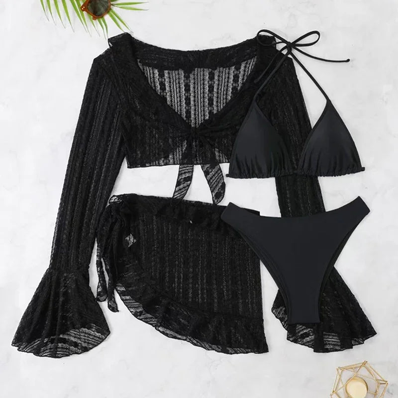 Set bikini da donna in pizzo trasparente con top a triangolo allacciato al collo e gonna da spiaggia con volant - Elegante costume da bagno per le vacanze estive al mare