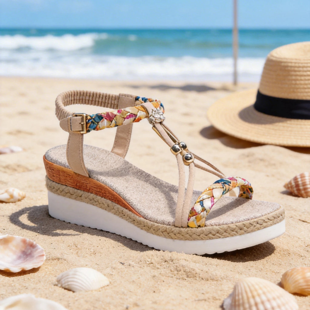 Sandali da Spiaggia con Zeppa in TPR per Donna, Sandali Bohémien con Piattaforma e Perline di Diamante per Interni ed Esterni, Palestra, Piscina, Vacanze, Feste
