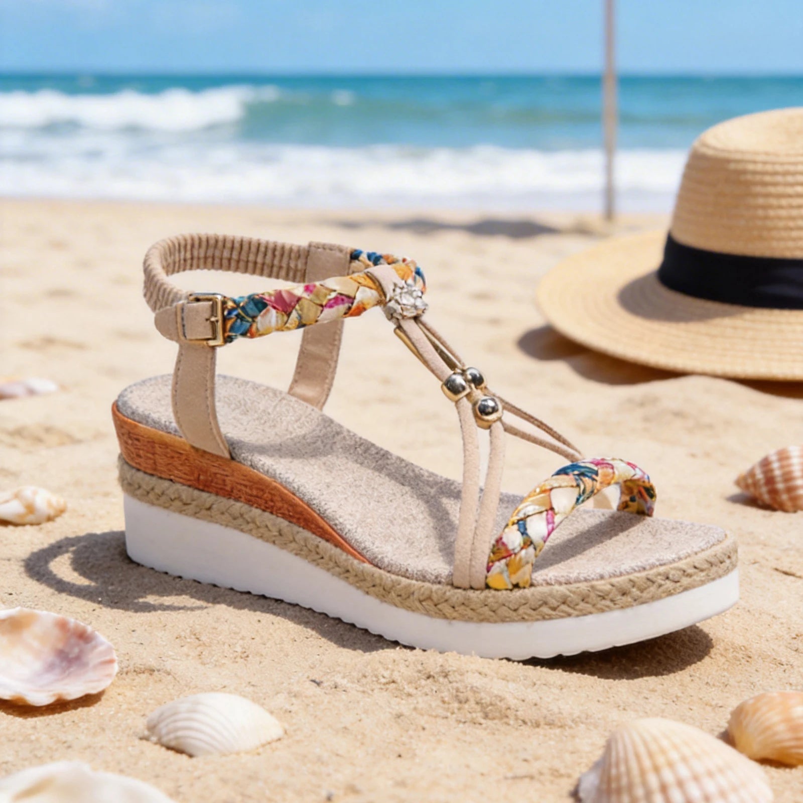 Sandali da Spiaggia con Zeppa in TPR per Donna, Sandali Bohémien con Piattaforma e Perline di Diamante per Interni ed Esterni, Palestra, Piscina, Vacanze, Feste