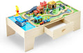 Tavolo da treno, tavolo da attività per bambini in legno da 62 pezzi multicolori con ampio cassetto portaoggetti, set di treni in legno 3 in 1 per giocare, Dra