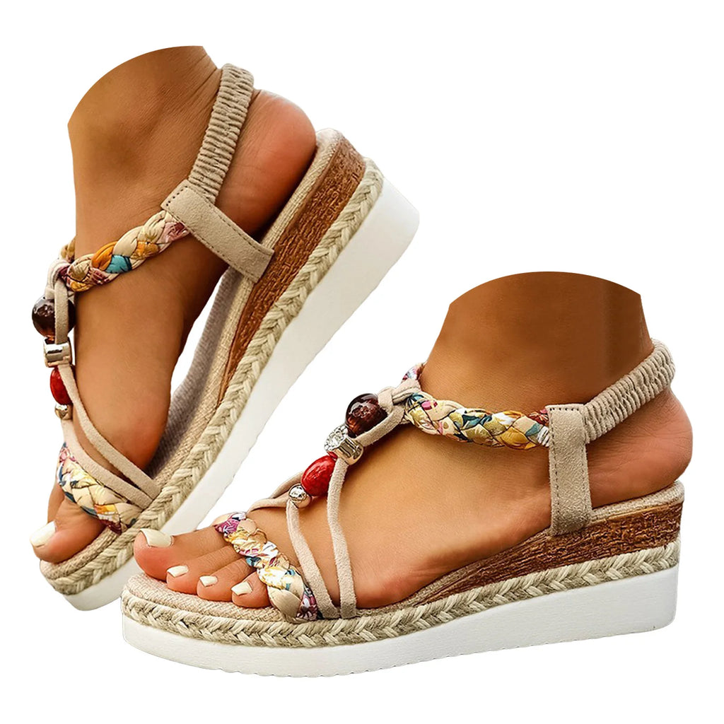 Sandali da donna con suola spessa, stile bohémien, alla moda, casual, con cinturino intrecciato, a bocca di pesce, colorati e graziosi